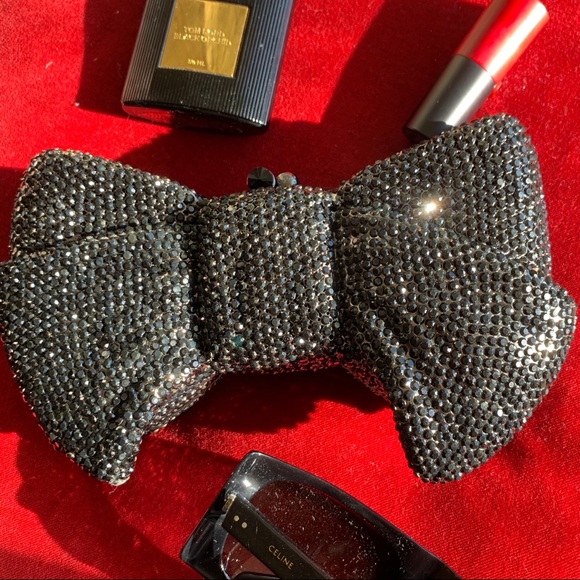 New Black Rhinestone Bow Minaudiére Clutch Evening Bag - Picture 4 of 10